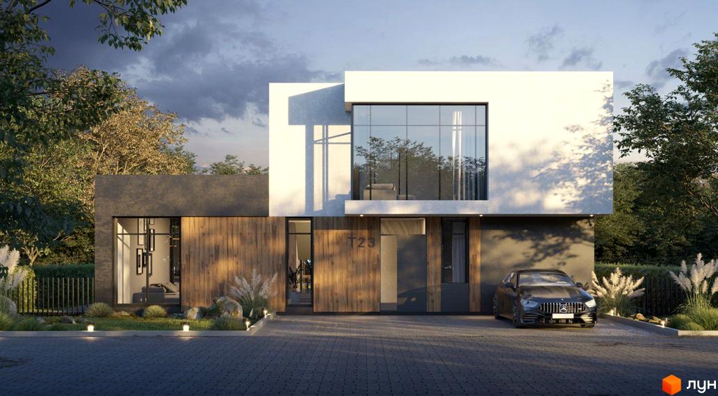 Зображення будинку в Котеджному містечку Рославичі. Двоповерховий будинок з великими вікнами та прибудинковою територією з газоном і декоративними рослинами.