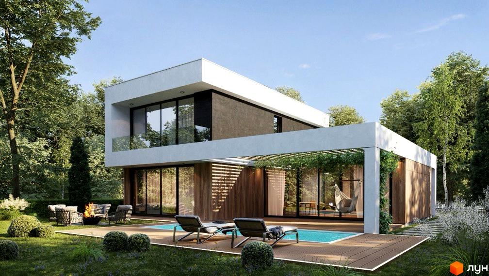 Зображення будинку в Котеджному містечку Рославичі. Двоповерховий будинок з басейном та зоною відпочинку на зеленій території.