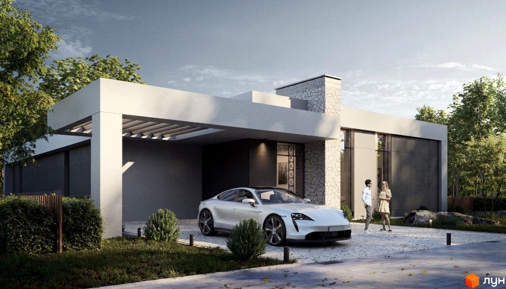 Зображення будинку в Котеджному містечку Рославичі. На передньому плані білий автомобіль, поруч пара людей, зелені насадження та доріжка з плитки.