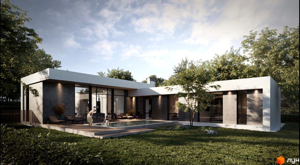 Зображення будинку в Котеджному містечку Рославичі з басейном. Навколо будинку зелений газон та дерева.