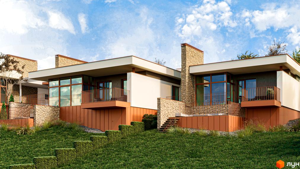 Зображення Котеджного містечка NaGori. Двоповерхові будинки з великими вікнами та терасами, розташовані на зеленій ділянці з ландшафтним дизайном.