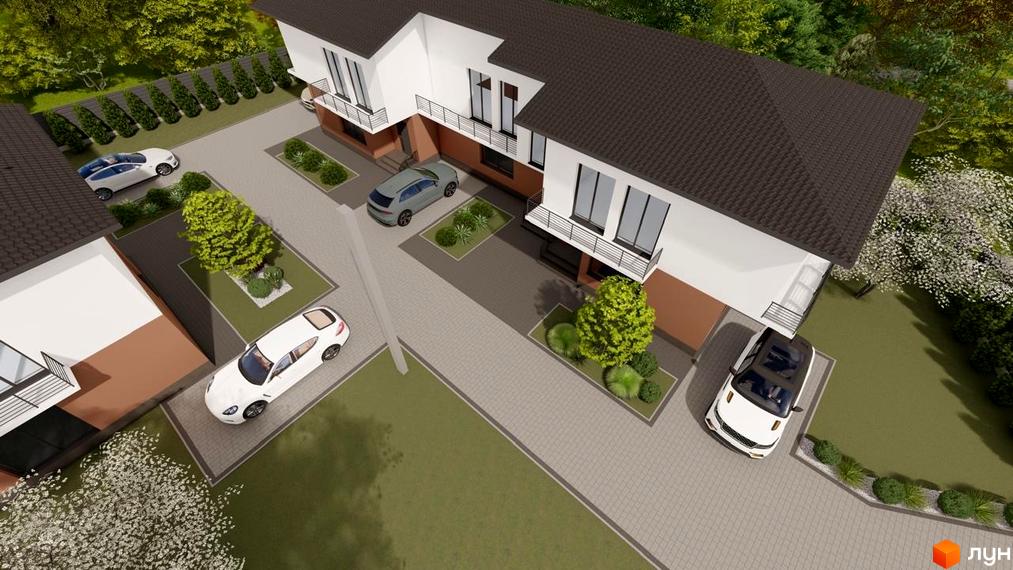 Котеджне містечко КМ SMALL TOWN: двоповерхові будинки з балконами та прибудинковою територією з деревами та автомобілями.