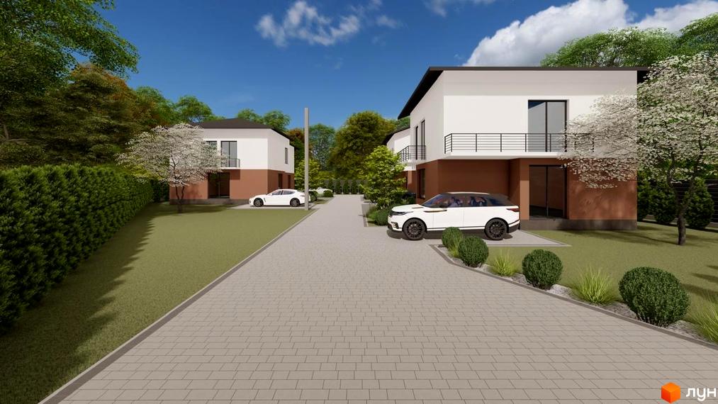 Котеджне містечко КМ SMALL TOWN. Зовнішній вигляд будинків з білими фасадами та терасами, прибудинкова територія з доглянутими газонами та кущами.