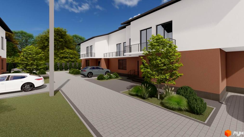 Зовнішній вигляд двоповерхових будинків КМ SMALL TOWN з коричневим цоколем та білими стінами, а також прибудинкова територія з паркуванням та зеленими насадженнями.