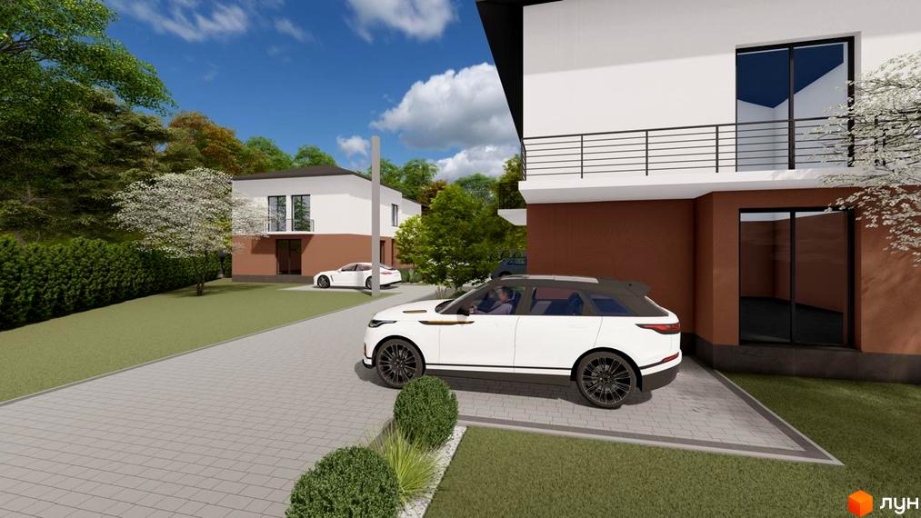 Котеджне містечко КМ SMALL TOWN: двоповерхові будинки з коричневим цоколем та білими стінами, з балконами та великими вікнами. Прибудинкова територія з доглянутими газонами, кущами та вимощеними доріжками з паркуванням.