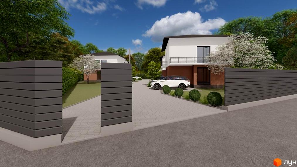 Котеджне містечко SMALL TOWN: фасади будинків з балконами та прибудинкова територія з паркуванням та огорожею.