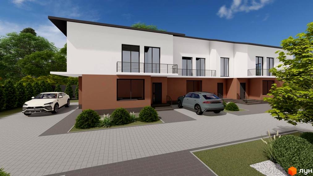 Котеджне містечко КМ SMALL TOWN: двоповерхові будинки з білими фасадами, коричневими цоколями та балконами. Прибудинкова територія з парковкою та зеленими насадженнями.