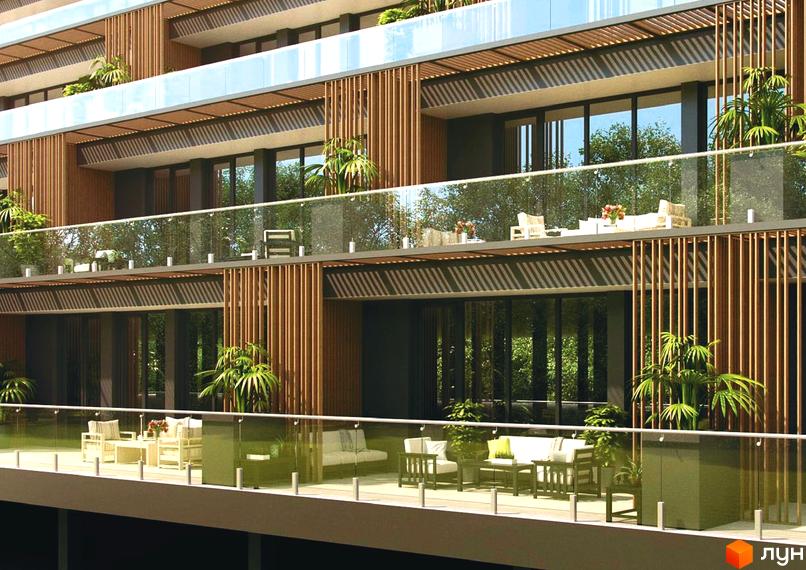 Фасад Житлового комплексу OZONE має дерев'яні вертикальні елементи та скляні балкони з рослинами і меблями.