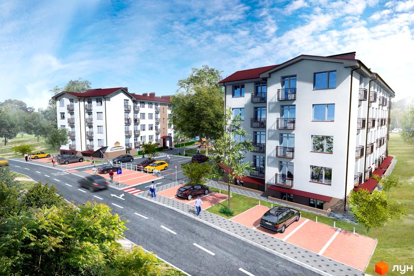 Житловий комплекс Оксамитовий: білі багатоповерхові будинки з червоними дахами та балконами. На прибудинковій території розташовані паркомісця та зелені насадження.