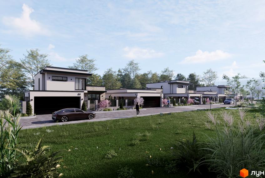 Зображення Котеджного містечка Stone Village з будинками з гаражами та прибудинковою територією з газоном і декоративними рослинами.