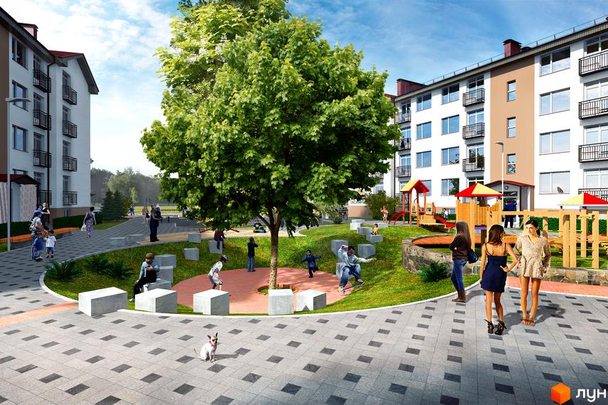 Житловий комплекс Оксамитовий. Сучасні багатоповерхові будинки з балконами та дитячим майданчиком. Прибудинкова територія з деревами та зонами відпочинку.