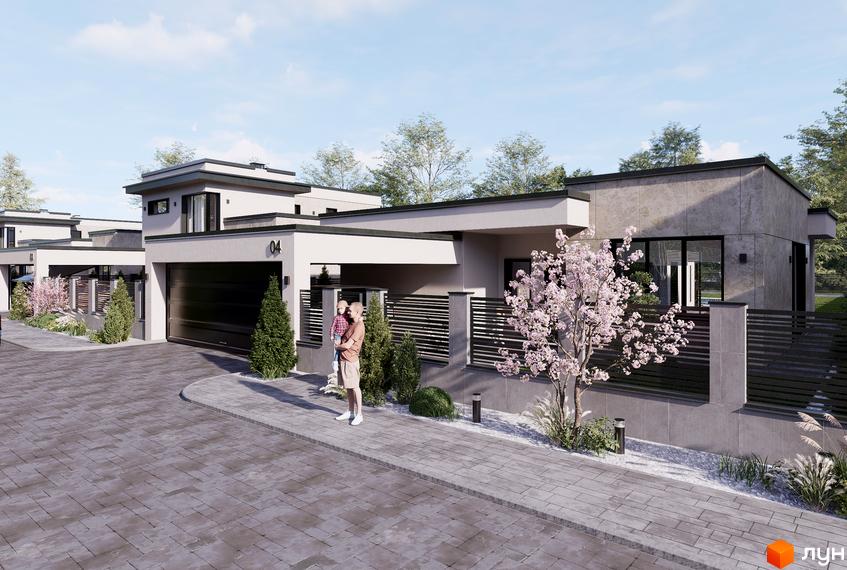 Котеджне містечко Stone Village: фасади будинків з гаражами та прибудинкова територія з деревами та бруківкою. Зовнішній вигляд новобудов та ландшафтний дизайн.