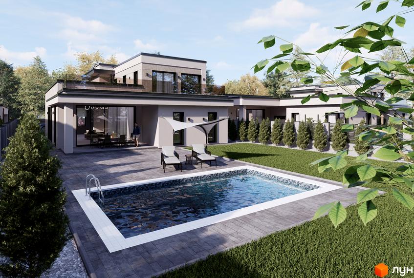 Котеджне містечко Stone Village з басейном та терасою. Сучасний будинок з великими вікнами та доглянутою прибудинковою територією.