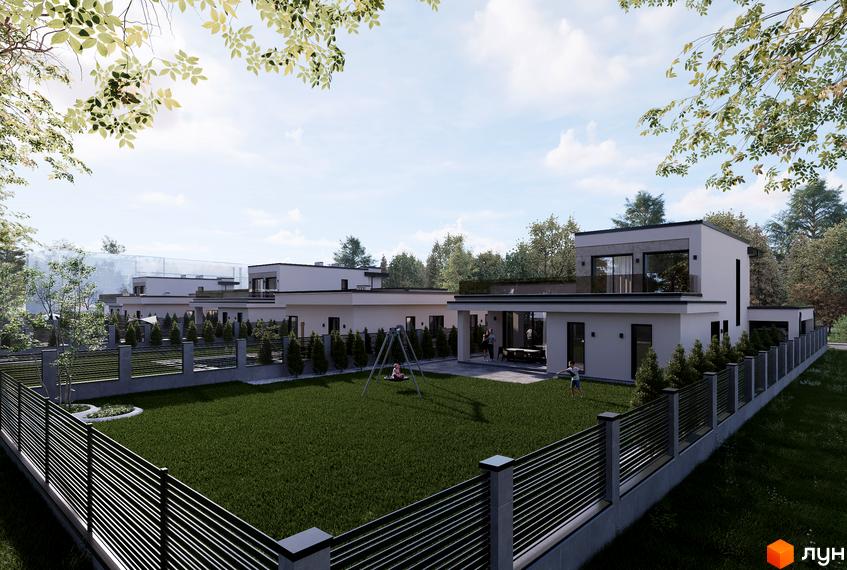 Зображення Котеджного містечка Stone Village з двоповерховими будинками та великою зеленою галявиною з дитячим майданчиком.