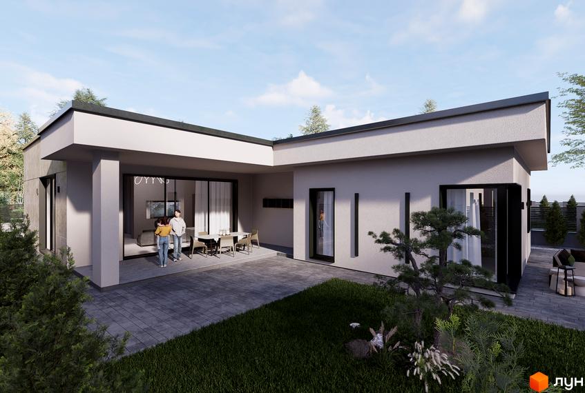 Зображення будинку в Котеджному містечку Stone Village з великою терасою та газоном. На задньому дворі розташовані дерева та кущі.