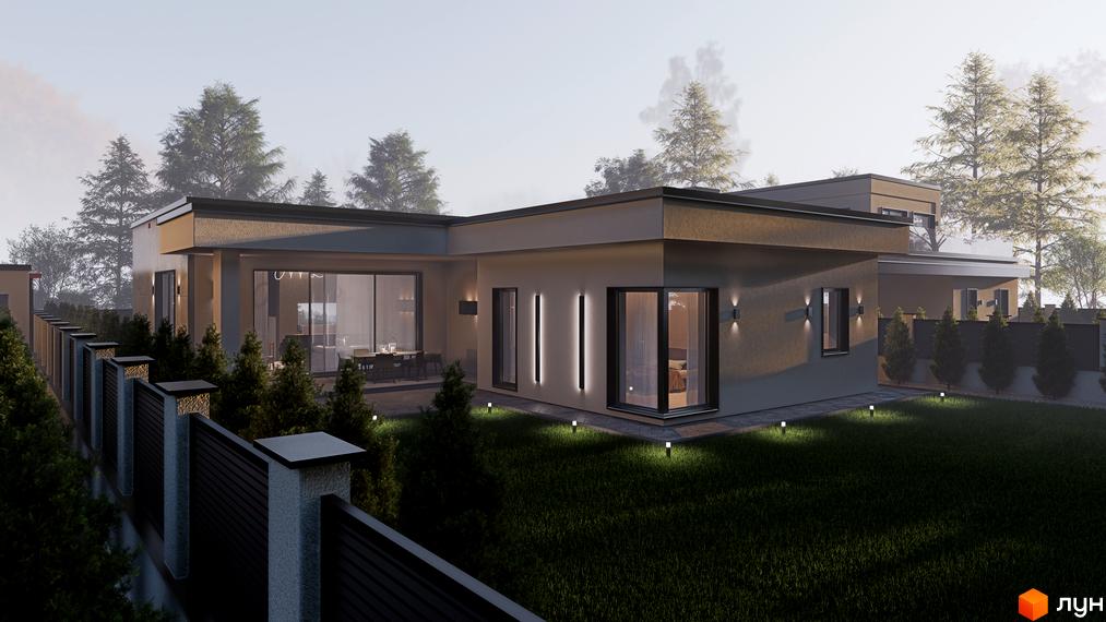 Котеджне містечко КМ Stone Village. Зовнішній вигляд будинку з великими вікнами та прибудинковою територією з газоном та освітленням.