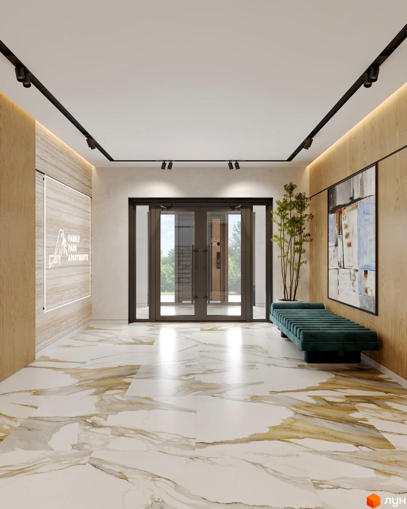 Сучасний вхід до житлового комплексу FAMILY PARK APARTMENTS з мармуровою підлогою та стильним декором. Фото інтер'єру новобудови.
