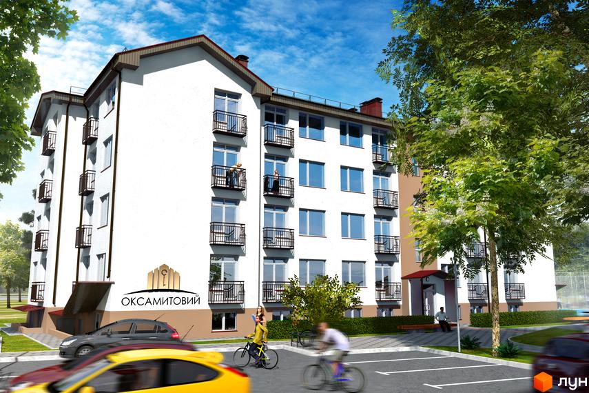 Житловий комплекс Оксамитовий: біла фасадна частина з балконами та вікнами, зелена прибудинкова територія з деревами та парковкою.