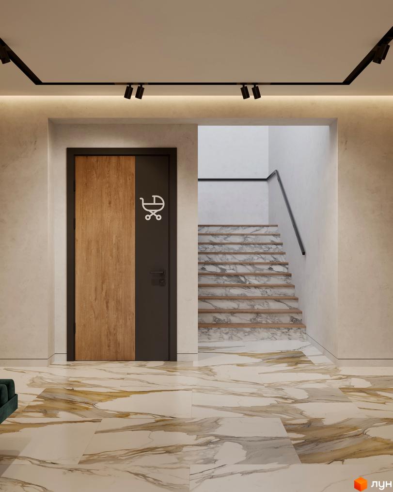 ЖК FAMILY PARK APARTMENS: інтер'єр з підлогою під мармур та дерев'яними акцентами. Оцініть деталі оздоблення внутрішніх приміщень.