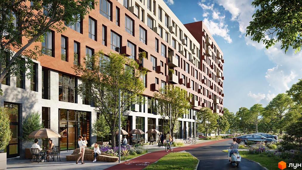 Фасад житлового комплексу Father з терасами та великими вікнами, зелена прибудинкова територія з доріжками для велосипедів та відпочинку.