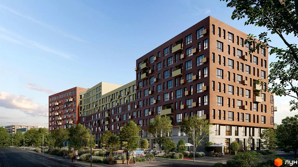 Зовнішній вигляд новобудови Father з коричневим фасадом та жовтими балконами на тлі блакитного неба та зеленої прибудинкової території з деревами та квітами.