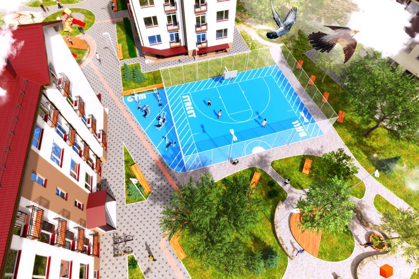 Житловий комплекс Оксамитовий: сучасна архітектура будівель та облаштована прибудинкова територія з баскетбольним майданчиком та зонами відпочинку.