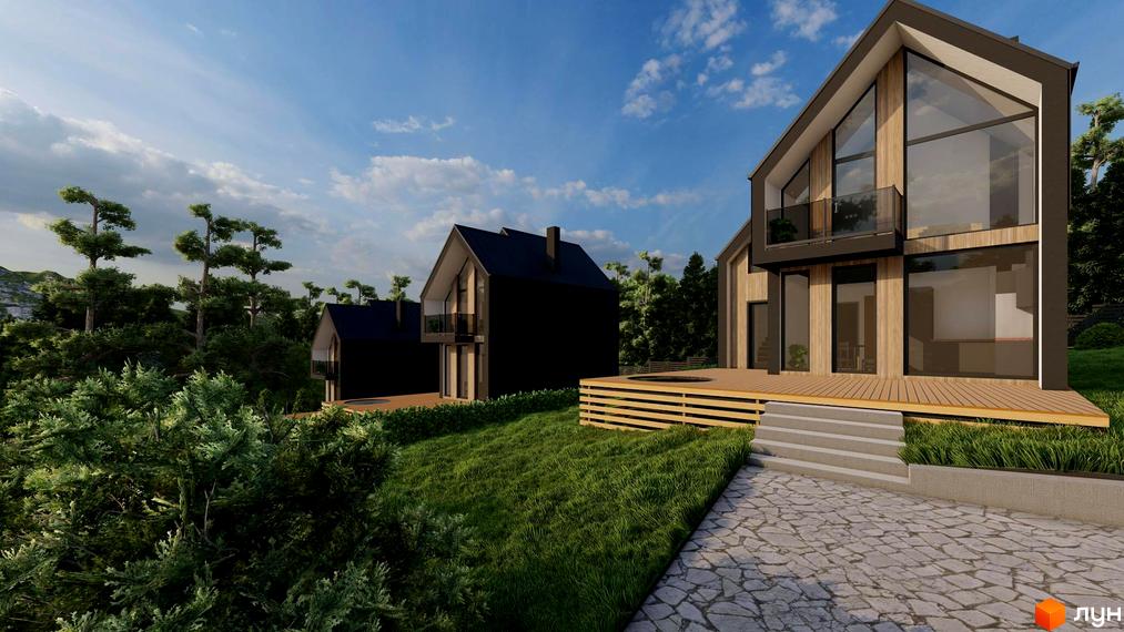 Котеджне містечко КМ GORY: сучасні будинки з панорамними вікнами та дерев'яними фасадами на тлі зеленого ландшафту та блакитного неба.