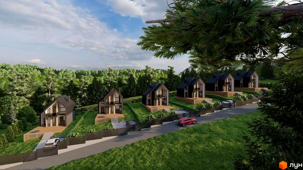 Котеджне містечко КМ GORY: сучасні будинки з великими вікнами та терасами на схилі пагорба, оточені зеленню. На території є дороги та паркувальні місця для автомобілів.