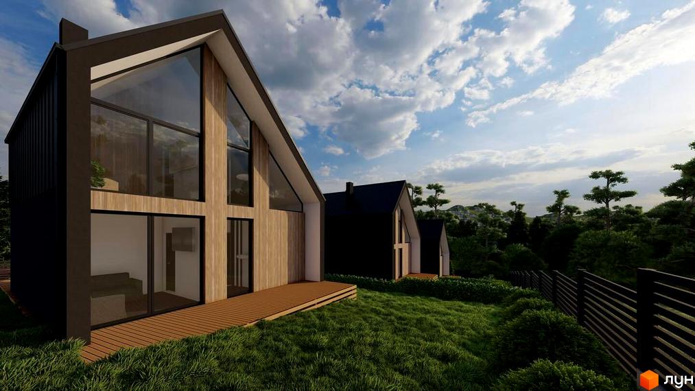 Котеджне містечко КМ GORY: двоповерхові будинки з великими вікнами та дерев'яними фасадами, розташовані на схилі пагорба серед зелені.