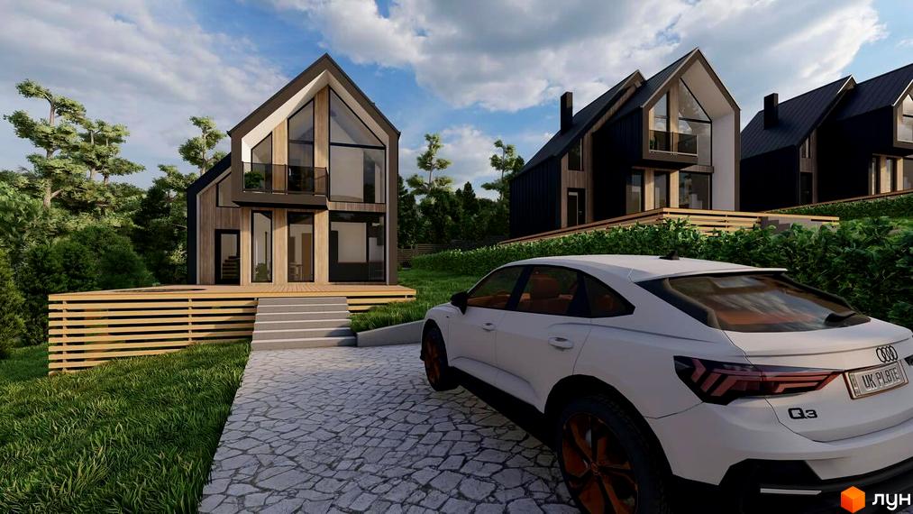 Котеджне містечко КМ GORY: сучасні будинки з панорамними вікнами та дерев'яними елементами на тлі зелених дерев, поруч прибудинкова територія з доріжкою та білим автомобілем.