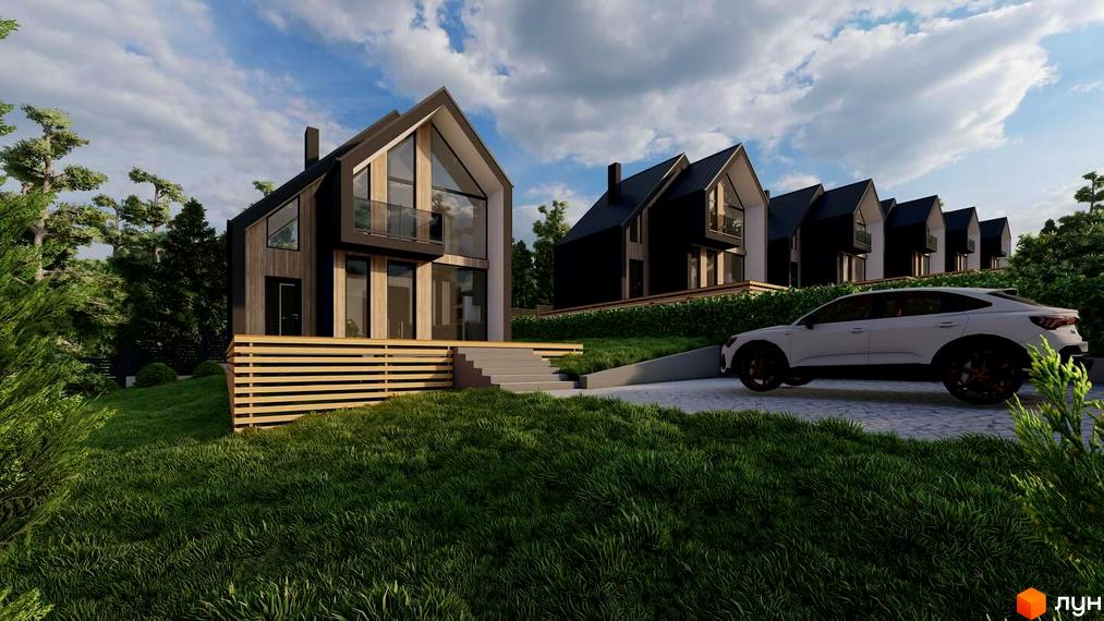Котеджне містечко КМ GORY: сучасні будинки з панорамними вікнами та доглянутою прибудинковою територією з травою та деревами.