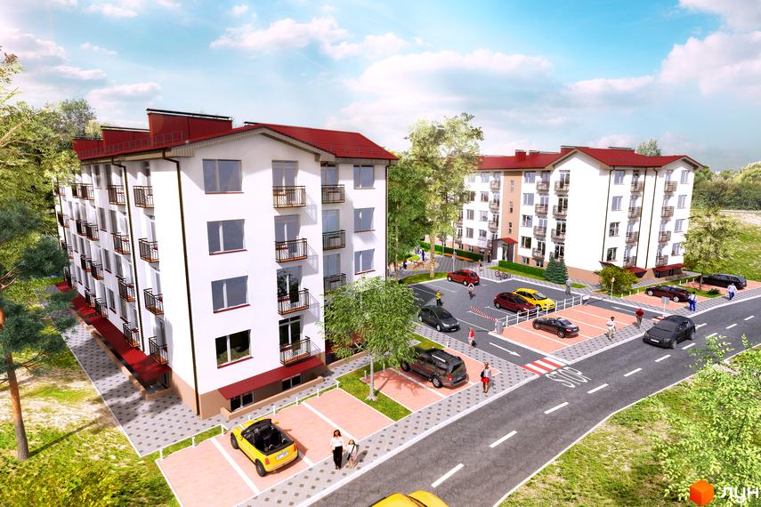 Зовнішній вигляд новобудови ЖК Оксамитовий з червоним дахом та білими фасадами. Прибудинкова територія з парковкою та зеленими насадженнями.