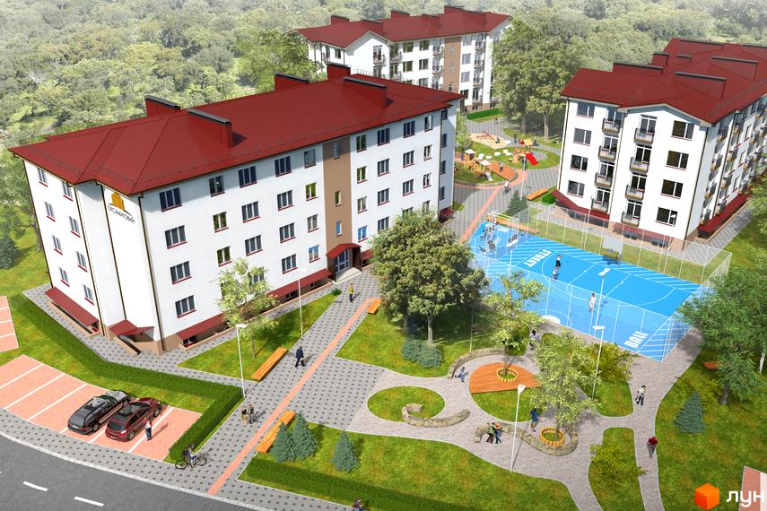 Житловий комплекс Оксамитовий: фасади білих будинків з червоними дахами, баскетбольний майданчик та дитячий майданчик на прибудинковій території.