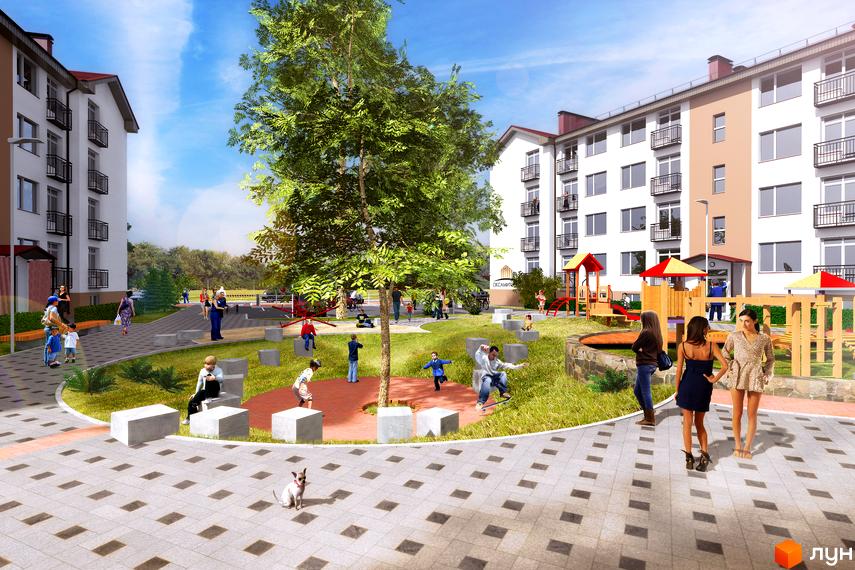 Житловий комплекс Оксамитовий. Сучасні будинки з балконами та дитячим майданчиком. Прибудинкова територія з зонами відпочинку та зеленими насадженнями.