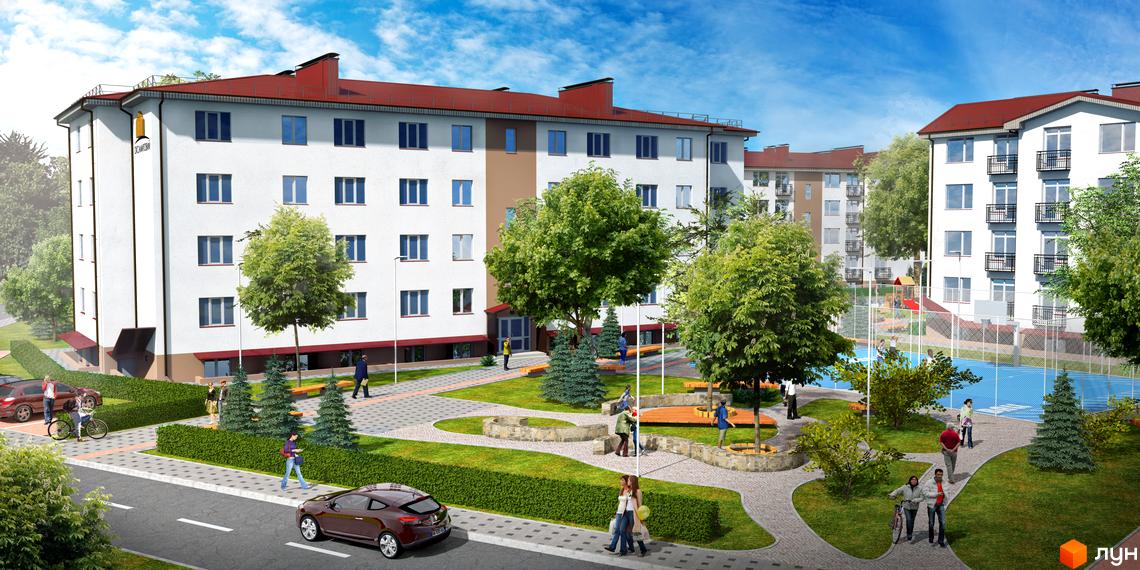 Житловий комплекс Оксамитовий: білі багатоповерхові будинки з червоними дахами, зелені дерева та облаштована прибудинкова територія з дитячим майданчиком.