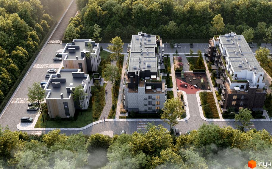 Зовнішній вигляд будинків житлового комплексу FAMILY PARK APARTMENS та прибудинкова територія з дитячим майданчиком та парковкою.