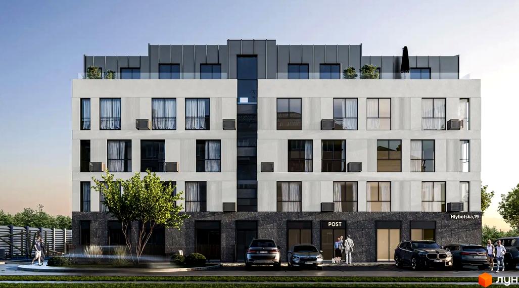 Зовнішній вигляд житлового комплексу H1 з фасадом з білої штукатурки та темного каменю, вікнами та кондиціонерами, з автомобілями та людьми біля входу.