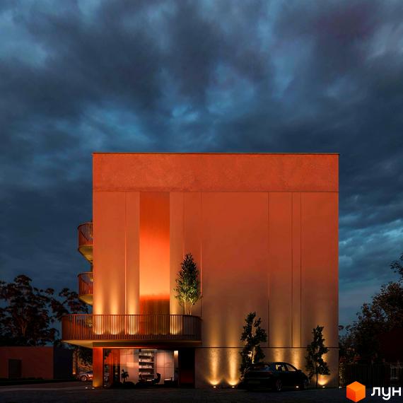 Житловий комплекс Годинки: стильна новобудова з балконами та підсвіткою фасаду, поруч зелені насадження та авто.