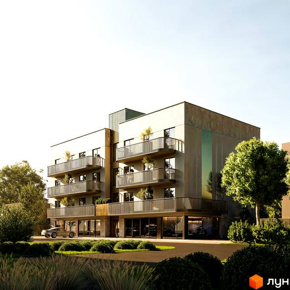 Житловий комплекс Годинки – це чотириповерхова новобудова з балконами та панорамними вікнами, розташована серед дерев. Територія навколо будинку доглянута, з газонами та доріжками.