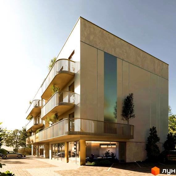 Новобудова Годинки з вигнутими балконами та скляними фасадами, прибудинкова територія з парковкою та зеленими насадженнями.