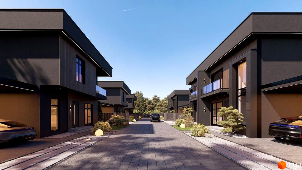 Котеджне містечко Виноградна 2: сучасні чорні будинки з великими вікнами та скляними балконами, розташовані вздовж вимощеної вулиці з доглянутими газонами та декоративним освітленням.