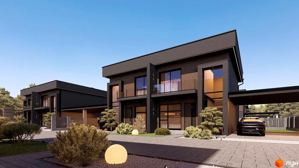 Котеджне містечко Виноградна 2: двоповерхові будинки з темними фасадами, великими вікнами та навісами для авто. Прибудинкова територія з доглянутими кущами та освітленням.