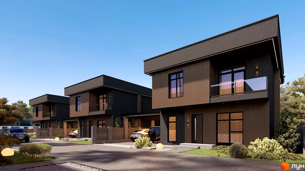 Котеджне містечко Виноградна 2. Зовнішній вигляд двоповерхових будинків з дерев'яним фасадом та скляним балконом, прибудинкова територія з доглянутим ландшафтом та автомобілями.