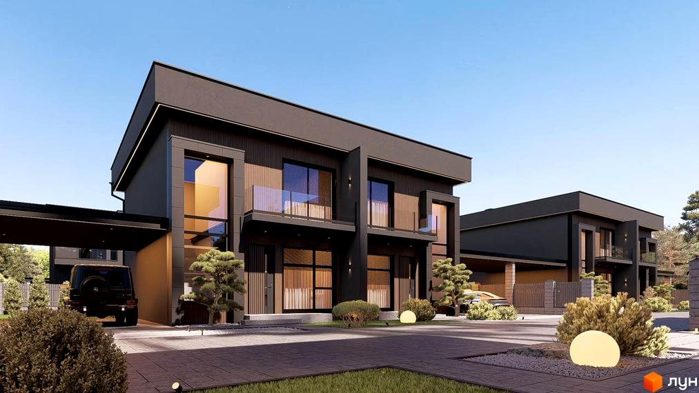 Котеджне містечко Виноградна 2. Зовнішній вигляд двоповерхових будинків з темними фасадами, великими вікнами та балконами. Прибудинкова територія з доглянутими кущами, деревами та освітленням.