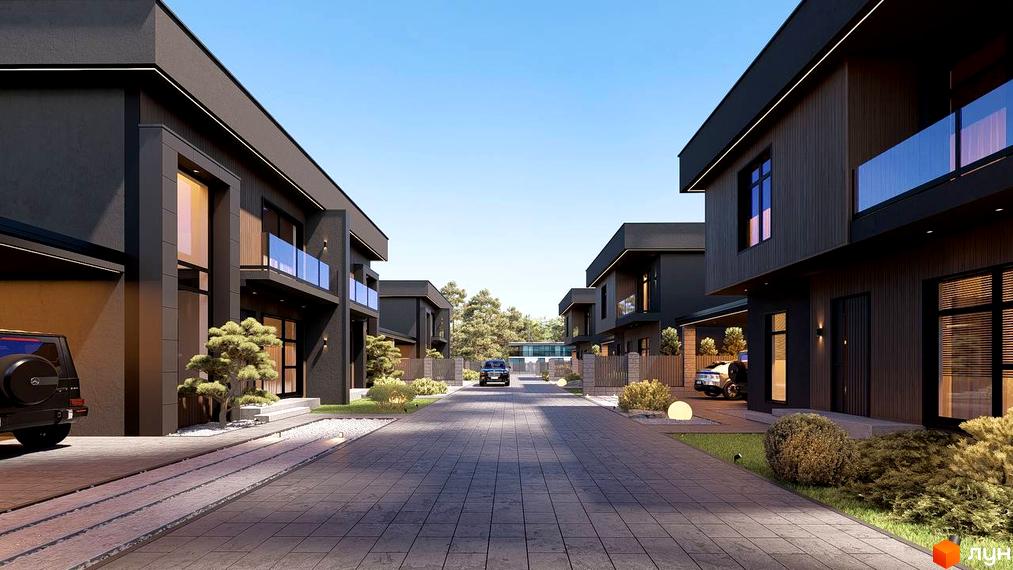 Котеджне містечко Виноградна 2. Зовнішній вигляд двоповерхових будинків з темними фасадами, скляними балконами та прибудинкова територія з бруківкою та зеленими насадженнями.