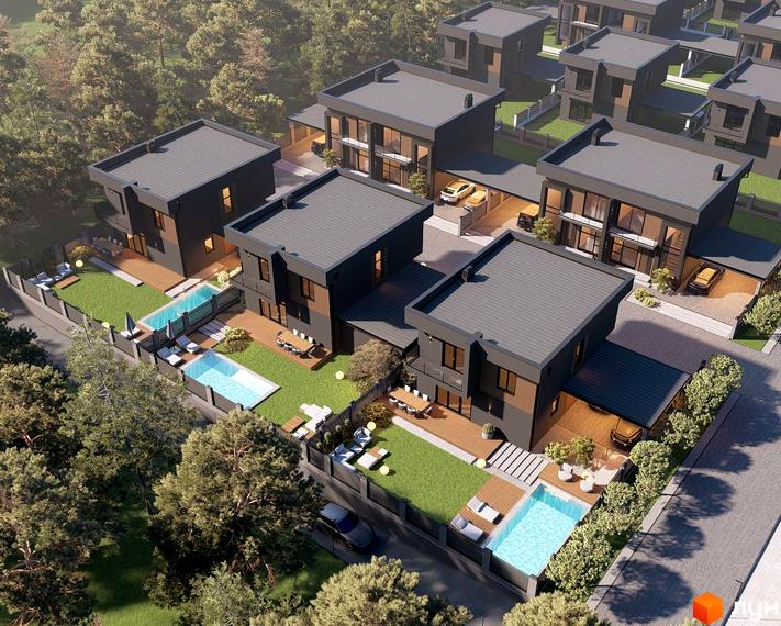 Котеджне містечко Виноградна 2: двоповерхові будинки з пласкими дахами та великими вікнами, приватні басейни та зелені зони.