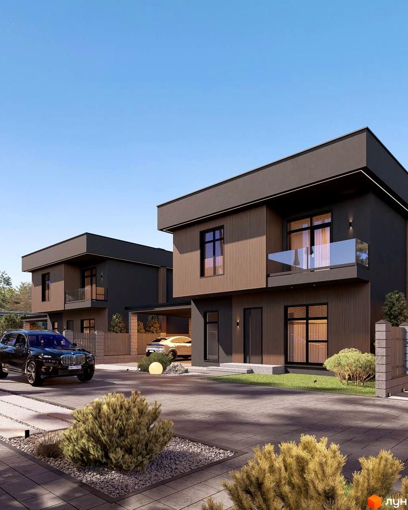 Котеджне містечко Виноградна 2. Зовнішній вигляд двоповерхових будинків з темними фасадами та дерев'яними вставками, скляним балконом. Прибудинкова територія з доглянутим газоном, кущами та бруківкою.