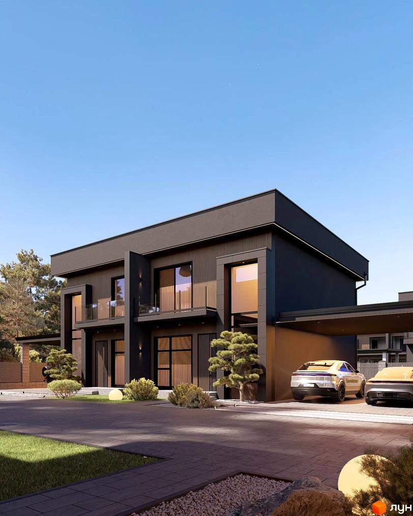 Сучасний котеджний комплекс КМ Виноградна 2 з двома поверхами, великими вікнами та балконами, прибудинкова територія з доглянутим газоном, деревами та парковкою для двох автомобілів.