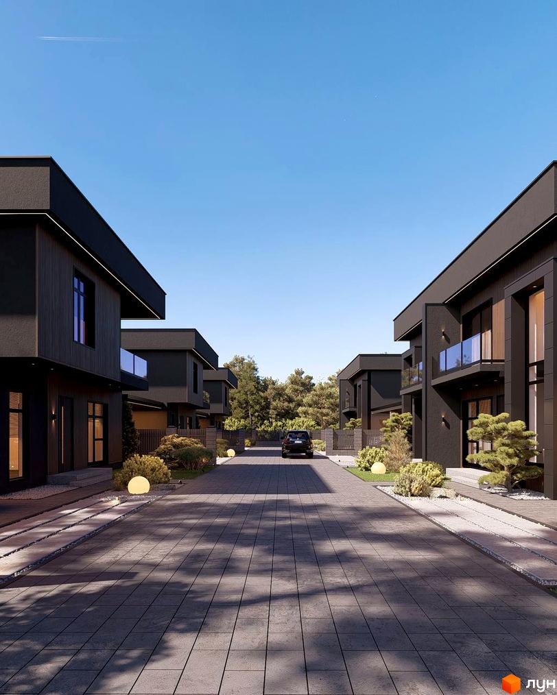 Котеджне містечко Виноградна 2: сучасні чорні будинки з панорамними вікнами та доглянутою прибудинковою територією з освітленням.