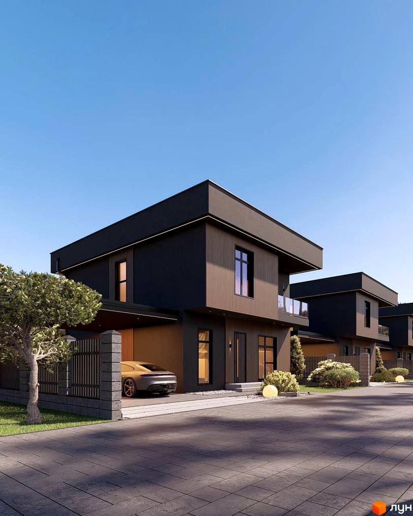 Котеджне містечко Виноградна 2: сучасні будинки з темним фасадом та прибудинковою територією з доглянутим ландшафтом та автомобілем біля будинку.